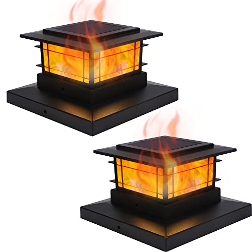Dynaming 2 Pack Solar Post Cap Lights Outdoor with Flickering Flame Light, Fence Post Solar Lights Fit for 4x4 5x5 6x6 Vinyl/Wooden Posts, High Brightness SMD LED Lighting Decor for Garden Deck Patio - Image 1