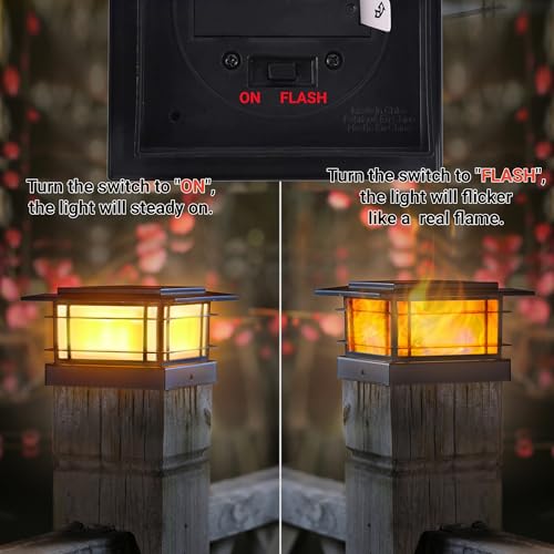 Dynaming 2 Pack Solar Post Cap Lights Outdoor with Flickering Flame Light, Fence Post Solar Lights Fit for 4x4 5x5 6x6 Vinyl/Wooden Posts, High Brightness SMD LED Lighting Decor for Garden Deck Patio - Image 5