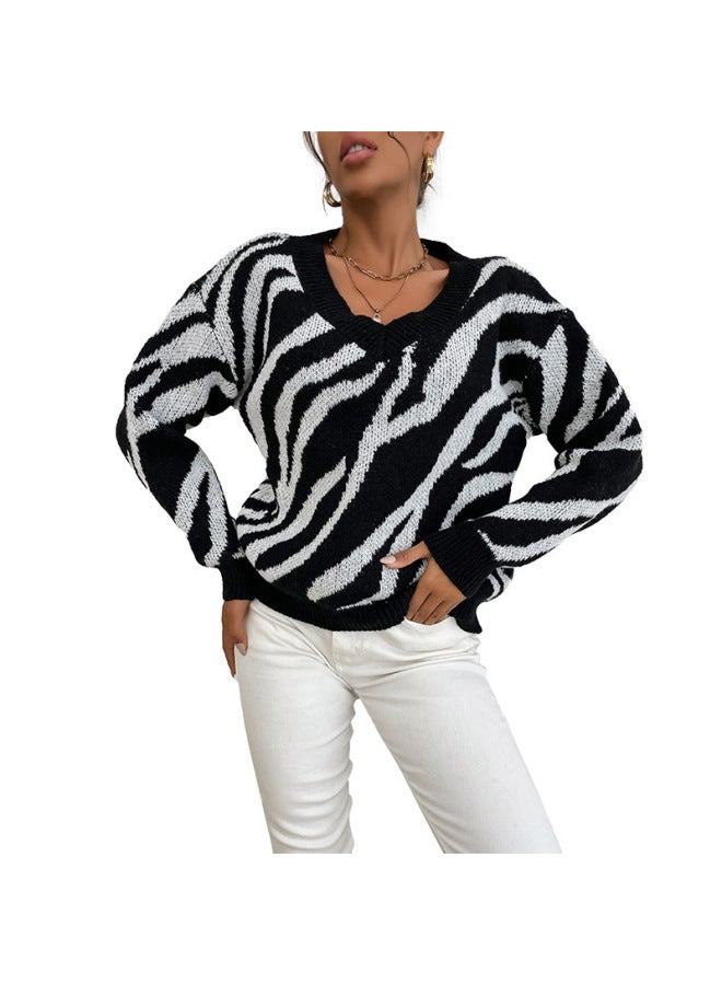 Autumn Middle Eastern Clothing Base Layer V-neck Black Zebra Pattern Sweater - Image 5