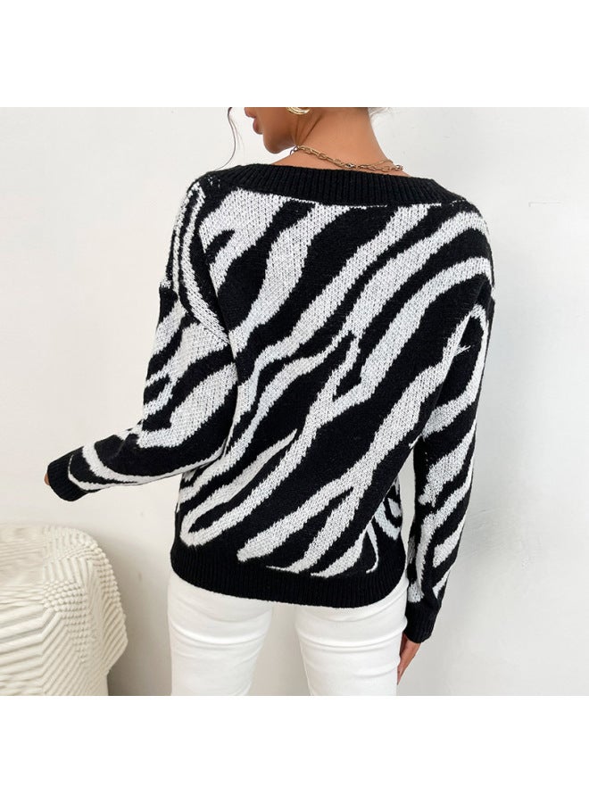 Autumn Middle Eastern Clothing Base Layer V-neck Black Zebra Pattern Sweater - Image 4
