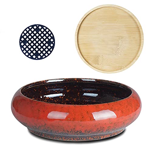 ARTKETTY Succulent Pots - 7.3 Inch Large Succulent Planters with Drainage Ceramic Bonsai Pots with Bamboo Tray, Shallow Planters for Indoor Cactus Plants Decorative Flower Plant Container - Image 2