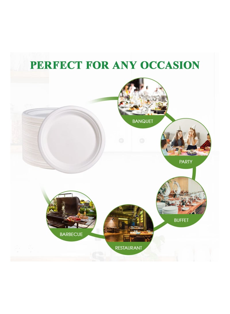 SYOSI 150 Pack Paper Plates 9 inch 100% Compostable Plates {PFAS-Free} - {BPI Certified} Heavy-Duty Disposable Paper Plates Bagasse Natural Biodegradable Eco-Friendly Sugarcane Plates（White）  - Image 2
