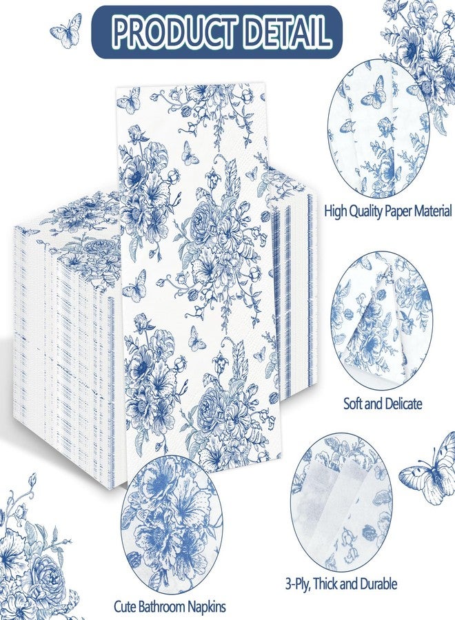 IANFEPH 100PCS Blue Floral Napkins Disposable Hand Towels for Bathroom 3 Ply Blue and White Paper Napkins Decorative Flower Guest Napkins Chinoiserie Napkins for Wedding Bridal Shower Birthday Cocktail Party - Image 3