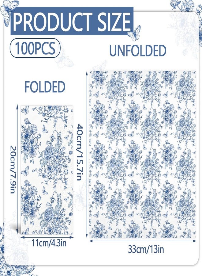IANFEPH 100PCS Blue Floral Napkins Disposable Hand Towels for Bathroom 3 Ply Blue and White Paper Napkins Decorative Flower Guest Napkins Chinoiserie Napkins for Wedding Bridal Shower Birthday Cocktail Party - Image 2