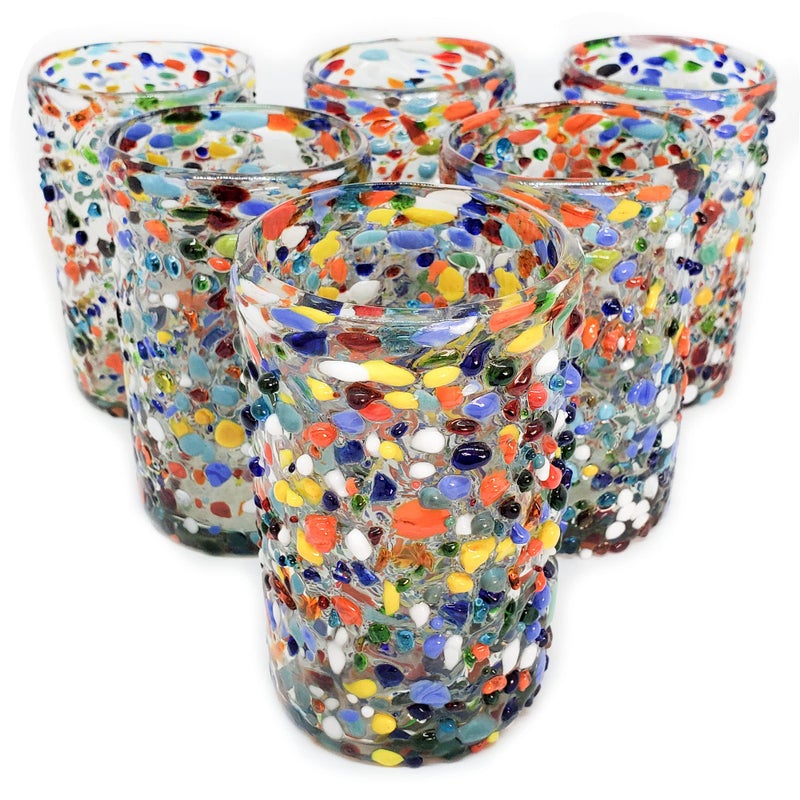 MexHandcraft Confetti Rocks 14 oz Drinking Glasses set of 6 Mexican Handmade Multicolor Glassware Recycled Glass Lead  Toxin Free Drinking