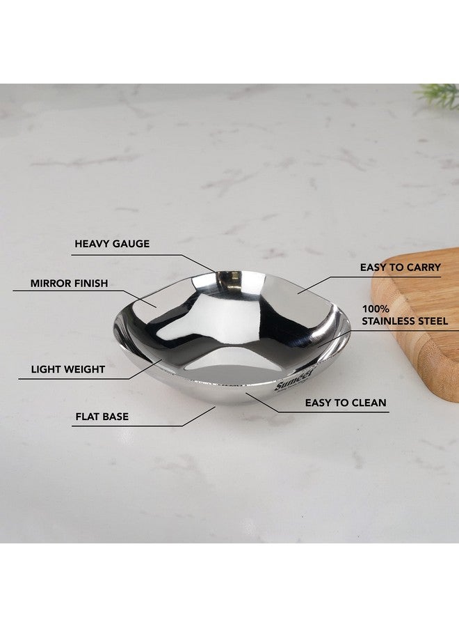 Sumeet Stainless Steel Small Apple Square Shape Plate/Dessert Plate/Halwa Plate Set of 6pcs, 8cm Dia, 90ML Each - Silver - Image 2