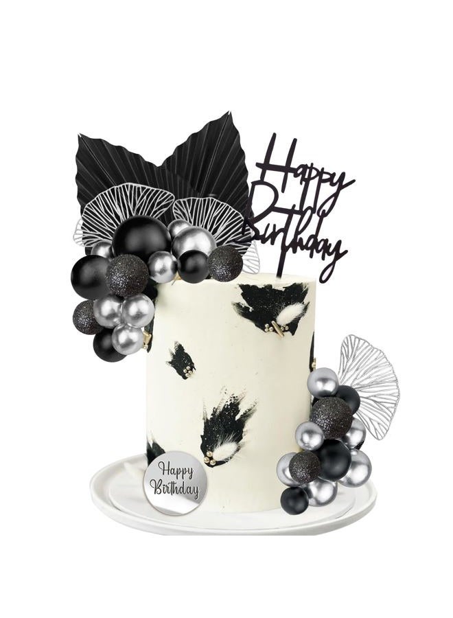 LEFUBABY Silver Black Balls Cake Toppers Happy Birthday Cake Decorations for Wedding Baby Shower Birthday Party Decorations (Silver Black) - Image 1