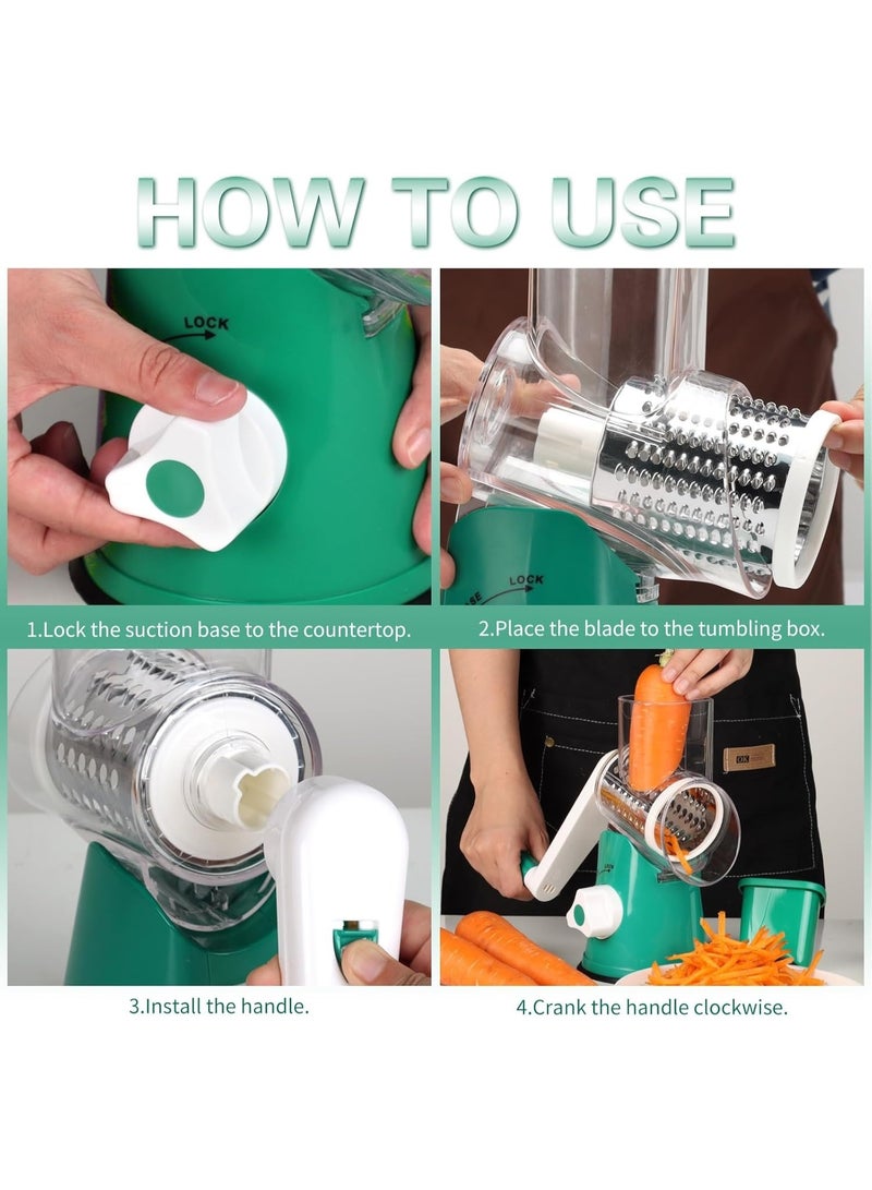 Happy Home Cheese Grater Hand Crank - 3-in-1 Stainless Steel Rotary Grater & Shredder for Cheese, Vegetables, Nuts, Chocolate - Easy Crank Manual Food Grinder with Drum Slicer (Green) - Image 2