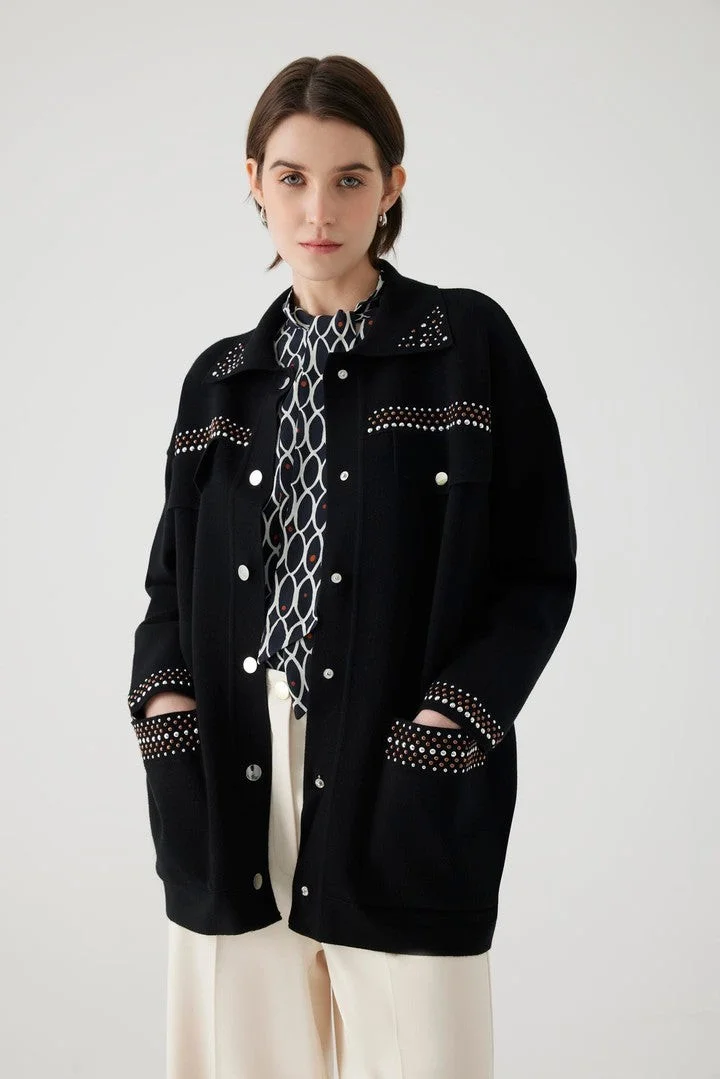 EXQUISE Oversize Cardigan with Embellished Pocket and Collar Details