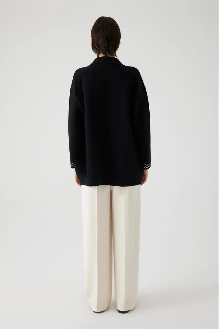 EXQUISE Oversize Cardigan with Embellished Pocket and Collar Details
