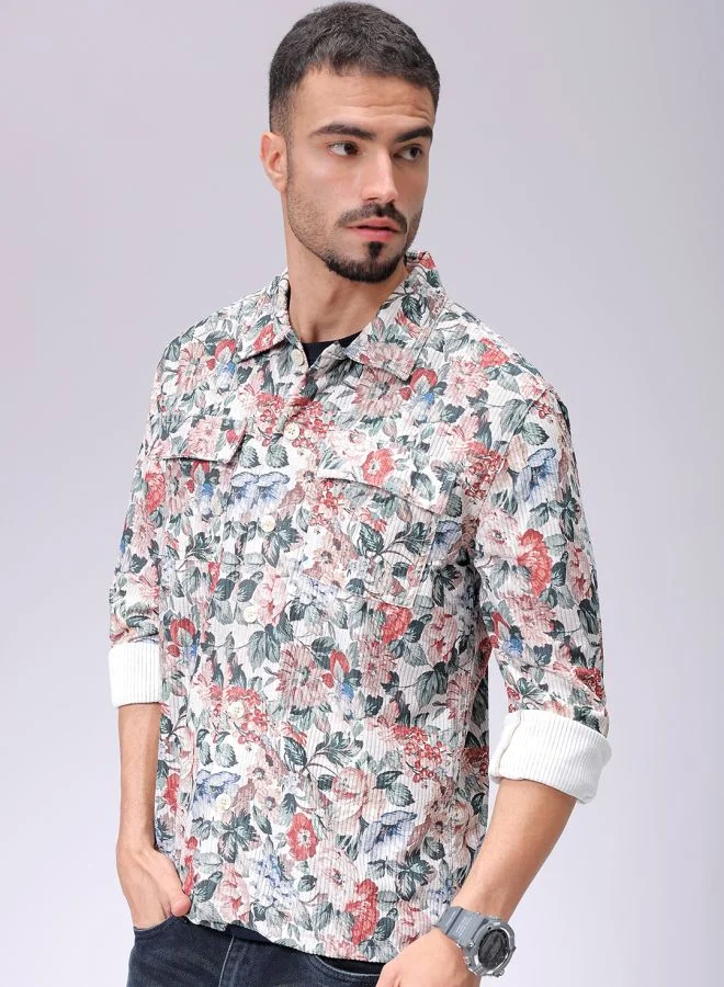 The Indian Garage Co Men Regular Fit Floral Printed Full Sleeves Cutaway Collar Double Flap Pocket Street Wear Over Shirt