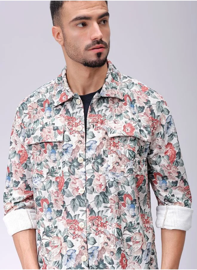 The Indian Garage Co Men Regular Fit Floral Printed Full Sleeves Cutaway Collar Double Flap Pocket Street Wear Over Shirt