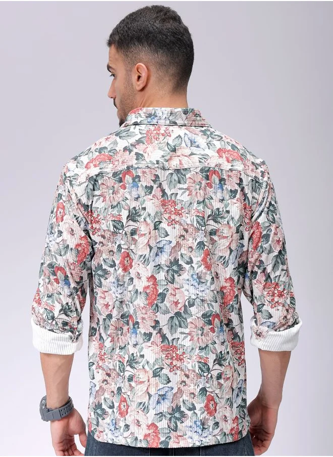 The Indian Garage Co Men Regular Fit Floral Printed Full Sleeves Cutaway Collar Double Flap Pocket Street Wear Over Shirt