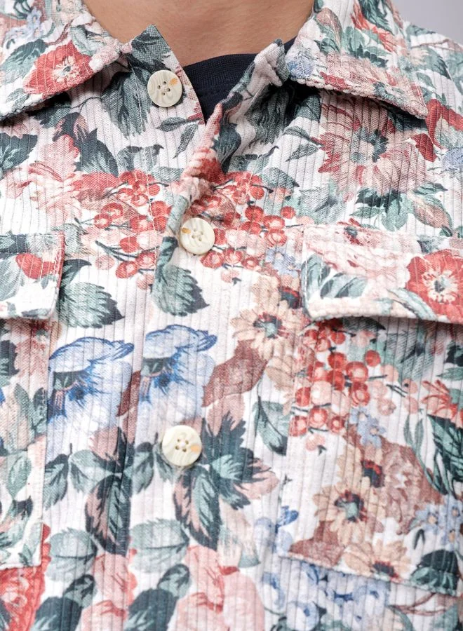 The Indian Garage Co Men Regular Fit Floral Printed Full Sleeves Cutaway Collar Double Flap Pocket Street Wear Over Shirt