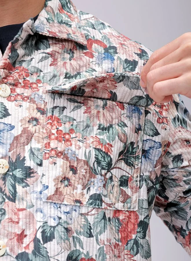 The Indian Garage Co Men Regular Fit Floral Printed Full Sleeves Cutaway Collar Double Flap Pocket Street Wear Over Shirt