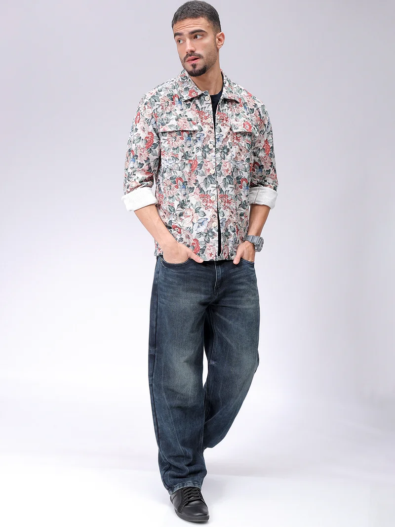 The Indian Garage Co Men Regular Fit Floral Printed Full Sleeves Cutaway Collar Double Flap Pocket Street Wear Over Shirt