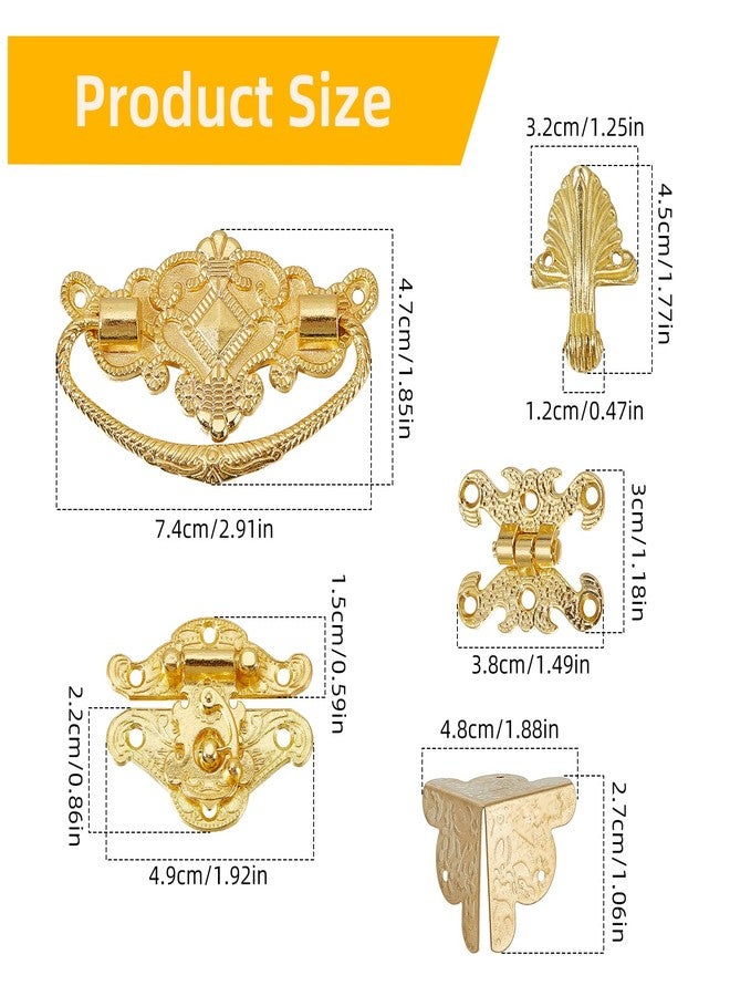 NICENEEDED Gold Jewelry Box Hinges and Latches, Antique Lock Latch Handle Box Corner Protectors Kit, Vintage Engraved Latch Hasp Hinges Hardware Fittings for Wooden Jewelry Box Decoration and Repair - Image 2