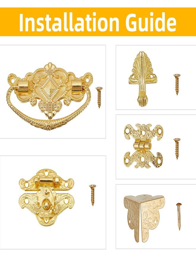 NICENEEDED Gold Jewelry Box Hinges and Latches, Antique Lock Latch Handle Box Corner Protectors Kit, Vintage Engraved Latch Hasp Hinges Hardware Fittings for Wooden Jewelry Box Decoration and Repair - Image 4