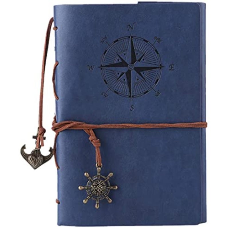 ELECDON Travellers Notebook Diary، الأدب العتيق PU، غطاء جلدي ناعم، صفحات A6 قابلة لإعادة التعبئة، هدية قرطاسية، مع صفحات فارغة ومعلقات قديمة 80 صفحة باللون الأزرق العميق - Image 1