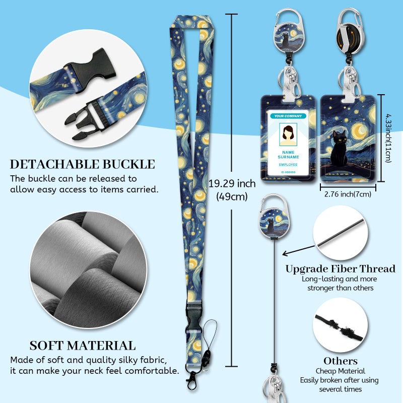 Hancynir Black Cat Lanyards for Id Badges, Starry Night Badge Holder with Retractable Reel Clip, Work Name Tags Keychain Lanyard with ID Holder, ID Card Protector for Women Teacher Nurse Doctor Office - Image 4