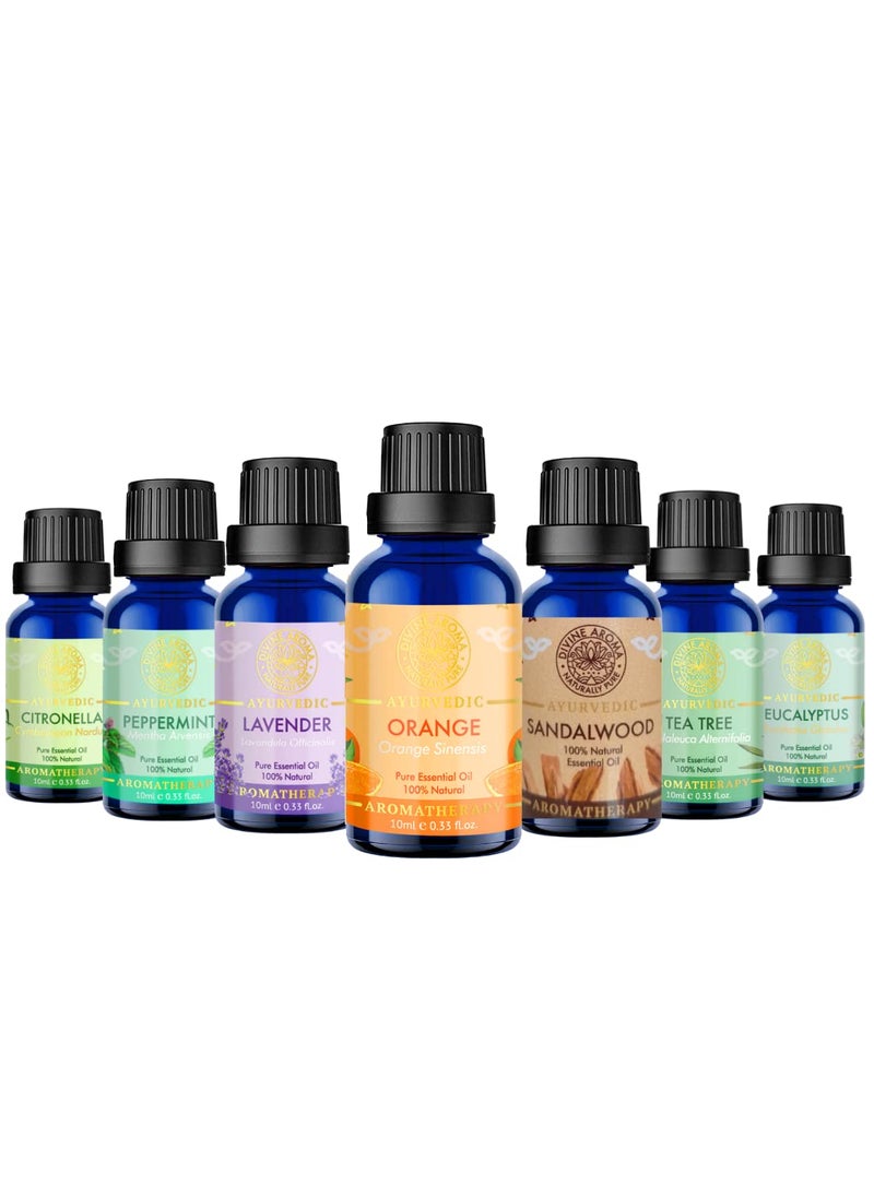 DIVINE AROMA Divine Aroma Lavender Sandalwood Tea Tree Eucalyptus Peppermint Citronella Orange 100 Pure Natural Essential Oil 10ml x 7Undilute Exotic Aroma Summer Combo For Fragrance Home Clean Home Comfort The Body Pamper Your Skin Sun Protection Cool and Safe  - Image 1