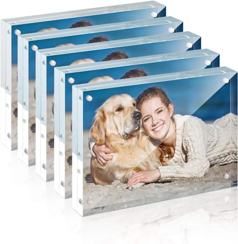 TWING 5 Pack 4 x 6 Acrylic Frame, Horizontal Magnet Double Sided 4x6 Picture Frame,12+12MM Thick Clear Frameless Desktop Display Self Standing Magnetic Acrylic Block Photo Frame - Image 1