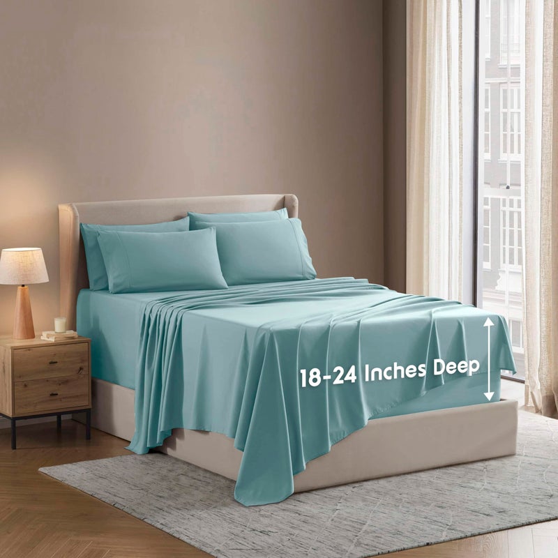 NESTL Extra Pocket Queen Sheets - 6 PC Soft Microfiber Queen Sheets Deep Pocket - صفائح الفراش المقاوم تتلاشى وأغطية وسادات - كوين طفل فاتح أزرق - Image 1