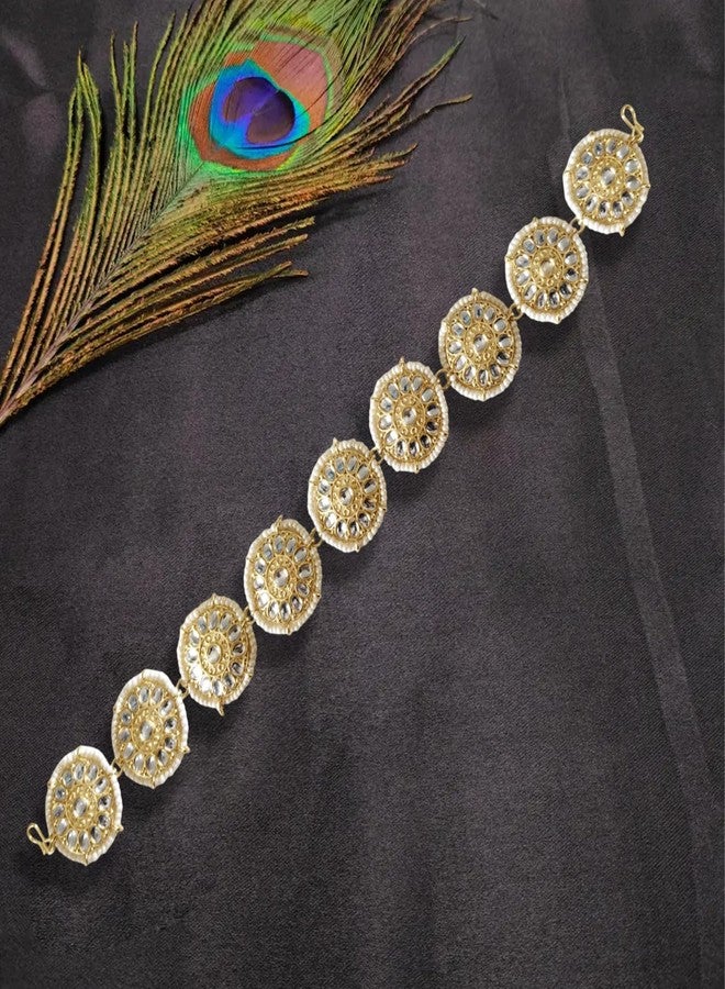 VAMA Traditional Gold Plated Rajwadi Rajputi Rajasthani Kundan Pearl Sheeshphool Sheeshpatti Maang Tikka Hairband Accessories For Women & Girls (Rajputi Mathapati Hairband) - Image 4