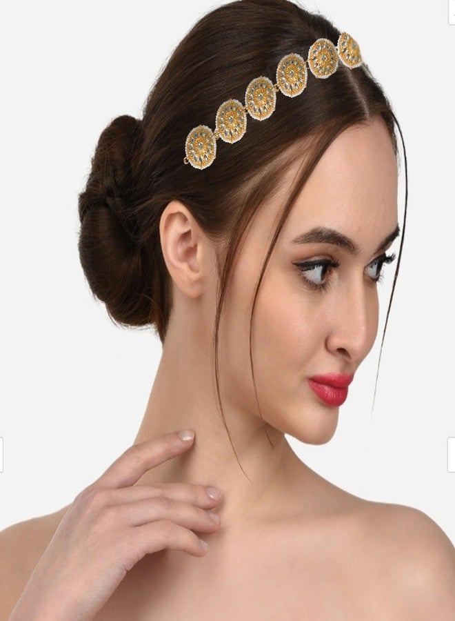 VAMA Traditional Gold Plated Rajwadi Rajputi Rajasthani Kundan Pearl Sheeshphool Sheeshpatti Maang Tikka Hairband Accessories For Women & Girls (Rajputi Mathapati Hairband) - Image 5
