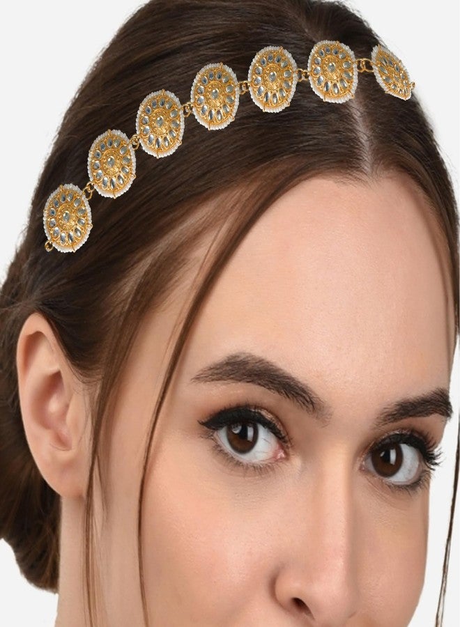 VAMA Traditional Gold Plated Rajwadi Rajputi Rajasthani Kundan Pearl Sheeshphool Sheeshpatti Maang Tikka Hairband Accessories For Women & Girls (Rajputi Mathapati Hairband) - Image 2