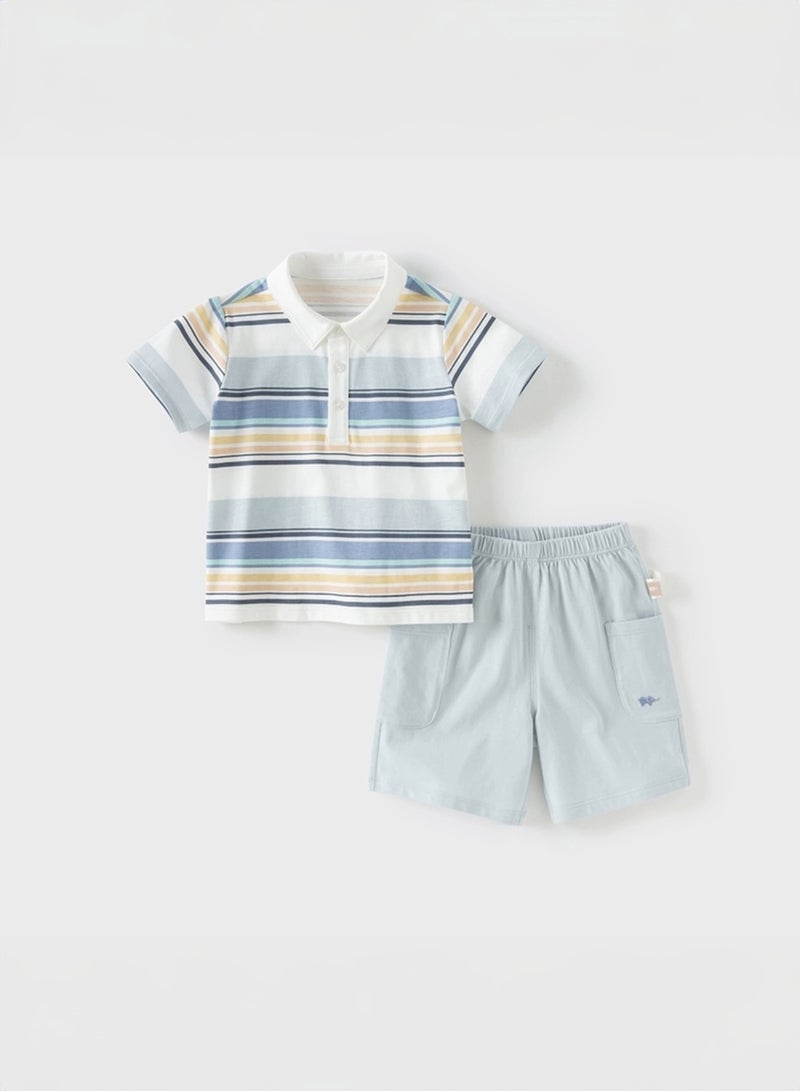ديف اند بيلا طقم قميص بولو مخطط وشورت أزرق سماوي للأولاد - Image 4