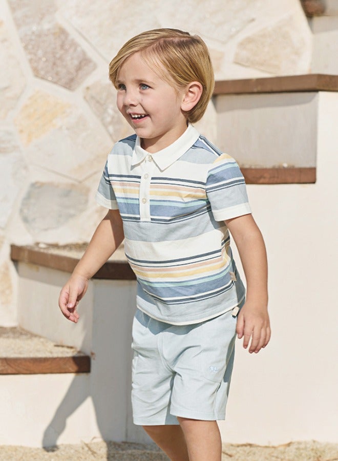 Dave & Bella Boy Striped Polo Shirt & Sky Blue Shorts set - Image 1