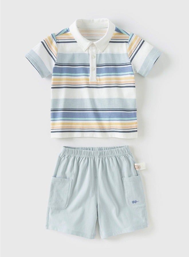 Dave & Bella Boy Striped Polo Shirt & Sky Blue Shorts set - Image 4