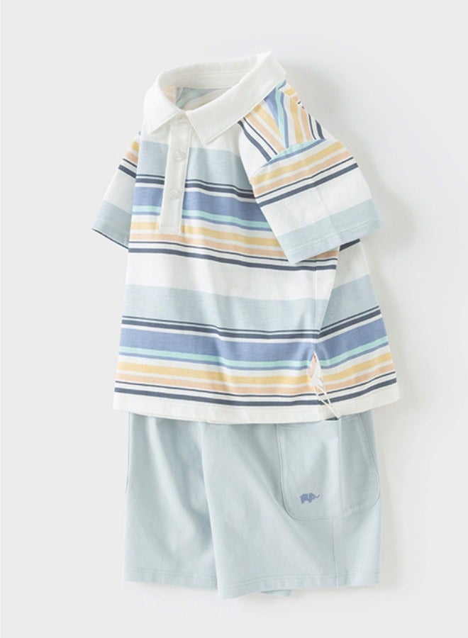 Dave & Bella Boy Striped Polo Shirt & Sky Blue Shorts set - Image 5