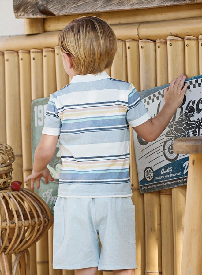 Dave & Bella Boy Striped Polo Shirt & Sky Blue Shorts set - Image 3