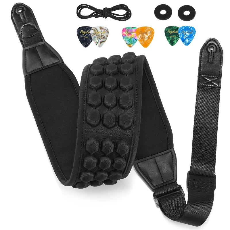 POGOLAB Guitar Strap, 3.5" Wide Air Cell Cushions Neoprene Padded Soft Comfortable Bass Strap, Adjustable Length from 47" to 55" with Strap Locks & Picks, for Bass Electric Guitar (Regular) Black - Image 1
