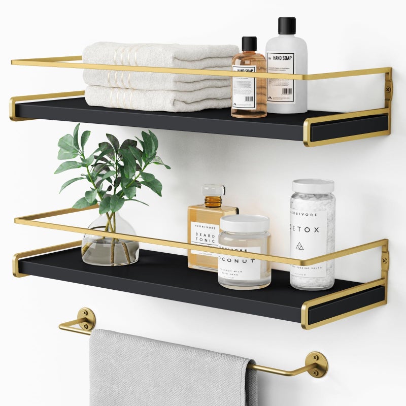 Forbena Black and Gold Bathroom Floating Shelves for Wall, Decorative Wall Mounted Shelves for Kitchen Coffee Bar Station Organizers and Storage, Hanging Shelving Unit for Bedroom Living Room (2-Pack) - Image 1