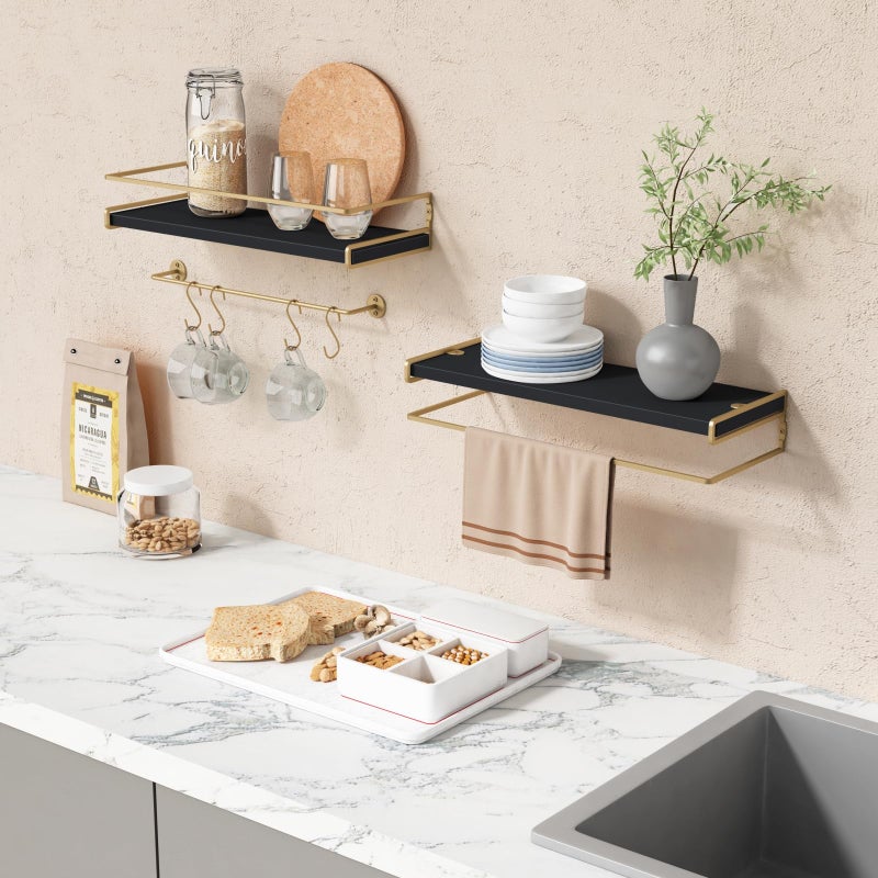 Forbena Black and Gold Bathroom Floating Shelves for Wall, Decorative Wall Mounted Shelves for Kitchen Coffee Bar Station Organizers and Storage, Hanging Shelving Unit for Bedroom Living Room (2-Pack) - Image 4