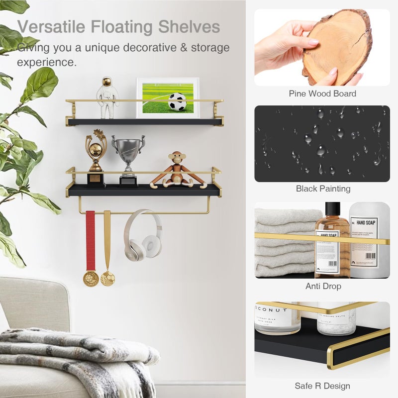 Forbena Black and Gold Bathroom Floating Shelves for Wall, Decorative Wall Mounted Shelves for Kitchen Coffee Bar Station Organizers and Storage, Hanging Shelving Unit for Bedroom Living Room (2-Pack) - Image 5