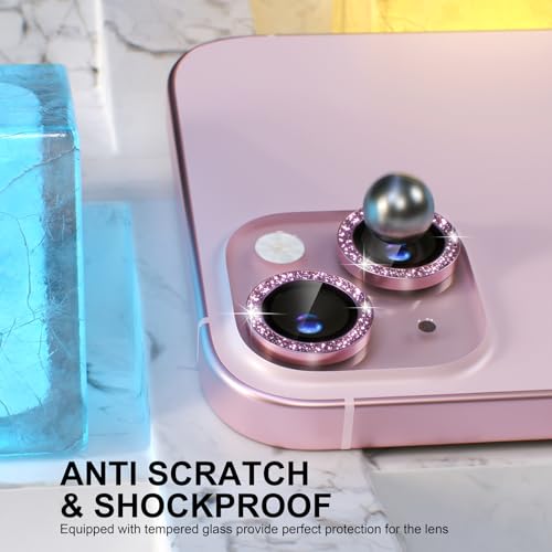 Choiche Compatible for iPhone 15 /iPhone 15 Plus Camera Lens Protector Bling, 9H Tempered Glass Camera Cover Screen Protector Metal Ring Decoration Accessories (Glitter-Pink) - Image 3
