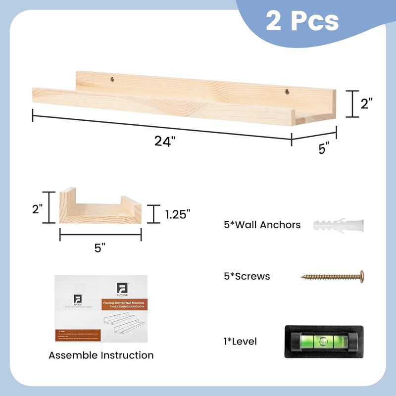 FLYJOE Picture Ledge Shelf for Wall, 24 inch Solid Pine Wood Nursery Book Shelves 2 Packs, Floating Ledge Shelves for Kids' Room Bedroom Bathroom Living Room Photo Frames Office Nursey Wall Decor, Natural - Image 3