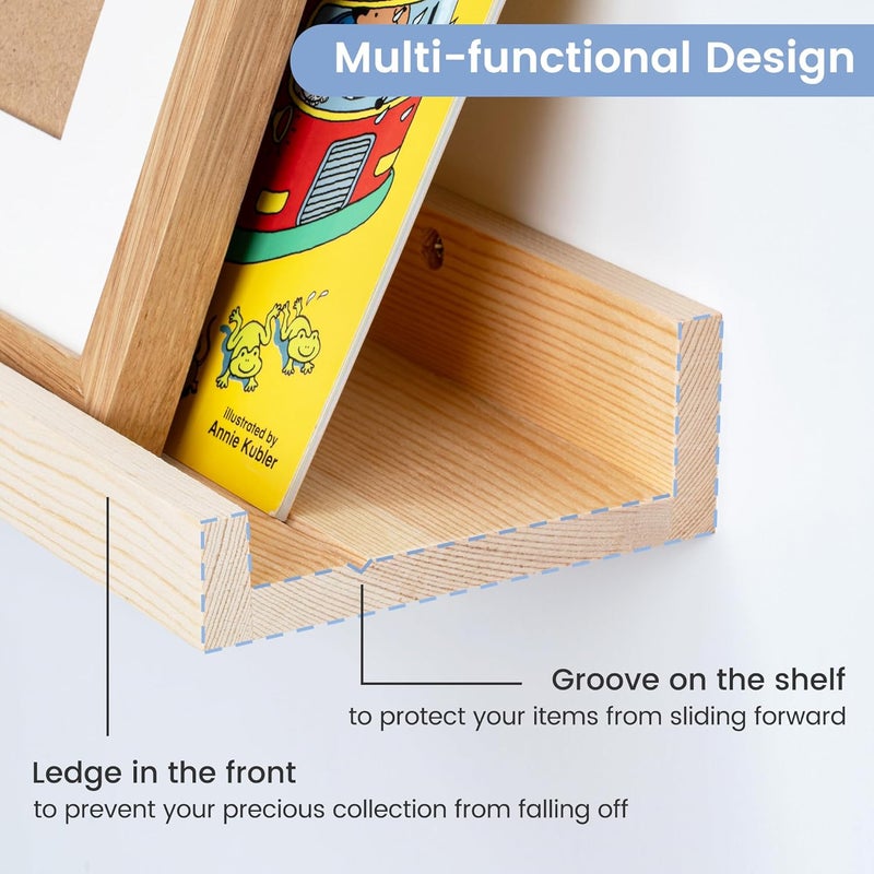 FLYJOE Picture Ledge Shelf for Wall, 24 inch Solid Pine Wood Nursery Book Shelves 2 Packs, Floating Ledge Shelves for Kids' Room Bedroom Bathroom Living Room Photo Frames Office Nursey Wall Decor, Natural - Image 4