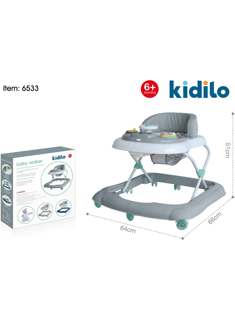 Kidilo Baby Walker – Adjustable Height, Foldable Design, Anti-Slip Base, Ergonomic Seat, Toy Activity Tray with Music, Supports Baby's Walking, Coordination, and Motor Skills Development
