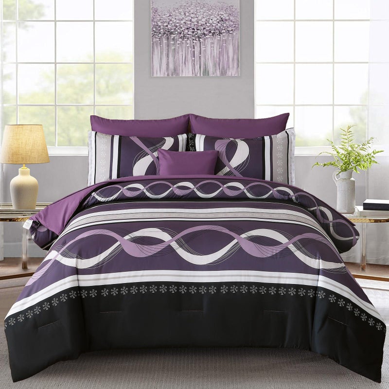 Anibedding Boho Comforter Set,8 Pieces Bed in a Bag Patchwork Striped Comforter Set,Purple Bed Set Queen Size,Soft Microfiber Boho Bedding Set for All Season(90"Ã—90") - Image 1