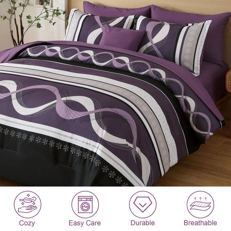 Anibedding Boho Comforter Set,8 Pieces Bed in a Bag Patchwork Striped Comforter Set,Purple Bed Set Queen Size,Soft Microfiber Boho Bedding Set for All Season(90"Ã—90") - Image 2