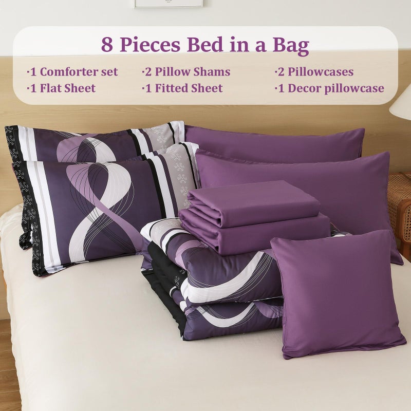 Anibedding Boho Comforter Set,8 Pieces Bed in a Bag Patchwork Striped Comforter Set,Purple Bed Set Queen Size,Soft Microfiber Boho Bedding Set for All Season(90"Ã—90") - Image 5