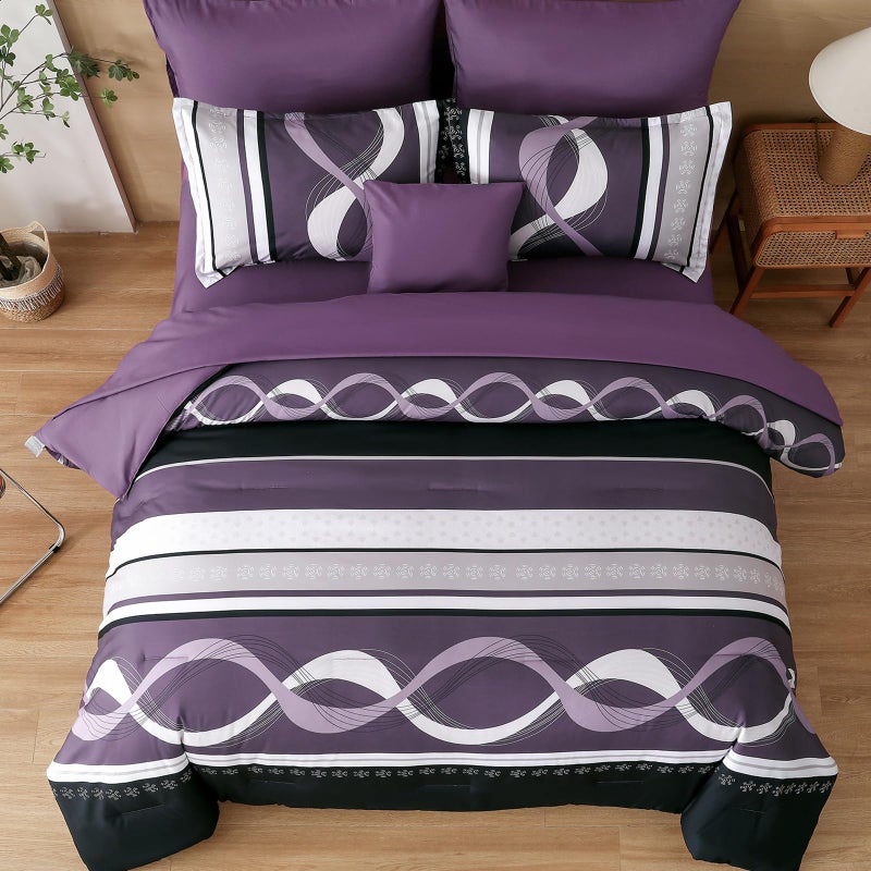 Anibedding Boho Comforter Set,8 Pieces Bed in a Bag Patchwork Striped Comforter Set,Purple Bed Set Queen Size,Soft Microfiber Boho Bedding Set for All Season(90"Ã—90") - Image 3