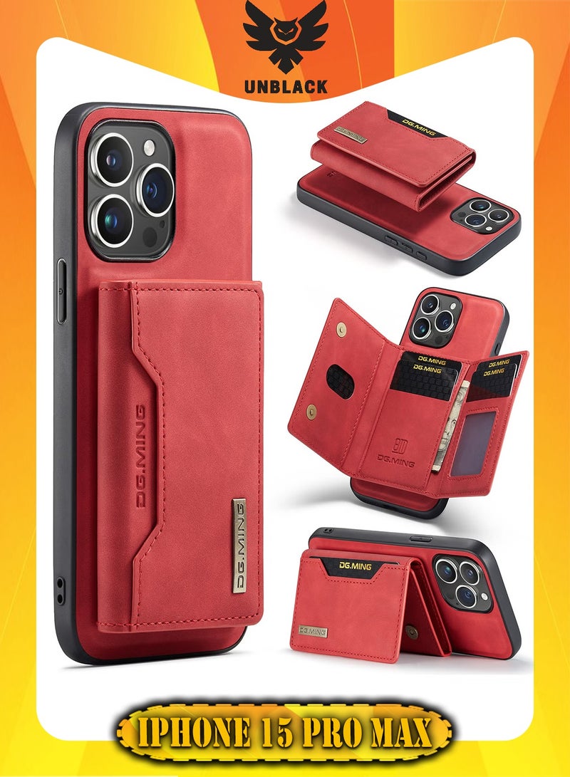 UNBLACK Wallet Case for Apple iPhone 15 Pro Max, DG.MING Premium Leather Phone Case Back Cover Magnetic Detachable with Trifold Wallet Card Holder Pocket (Red)  - Image 1