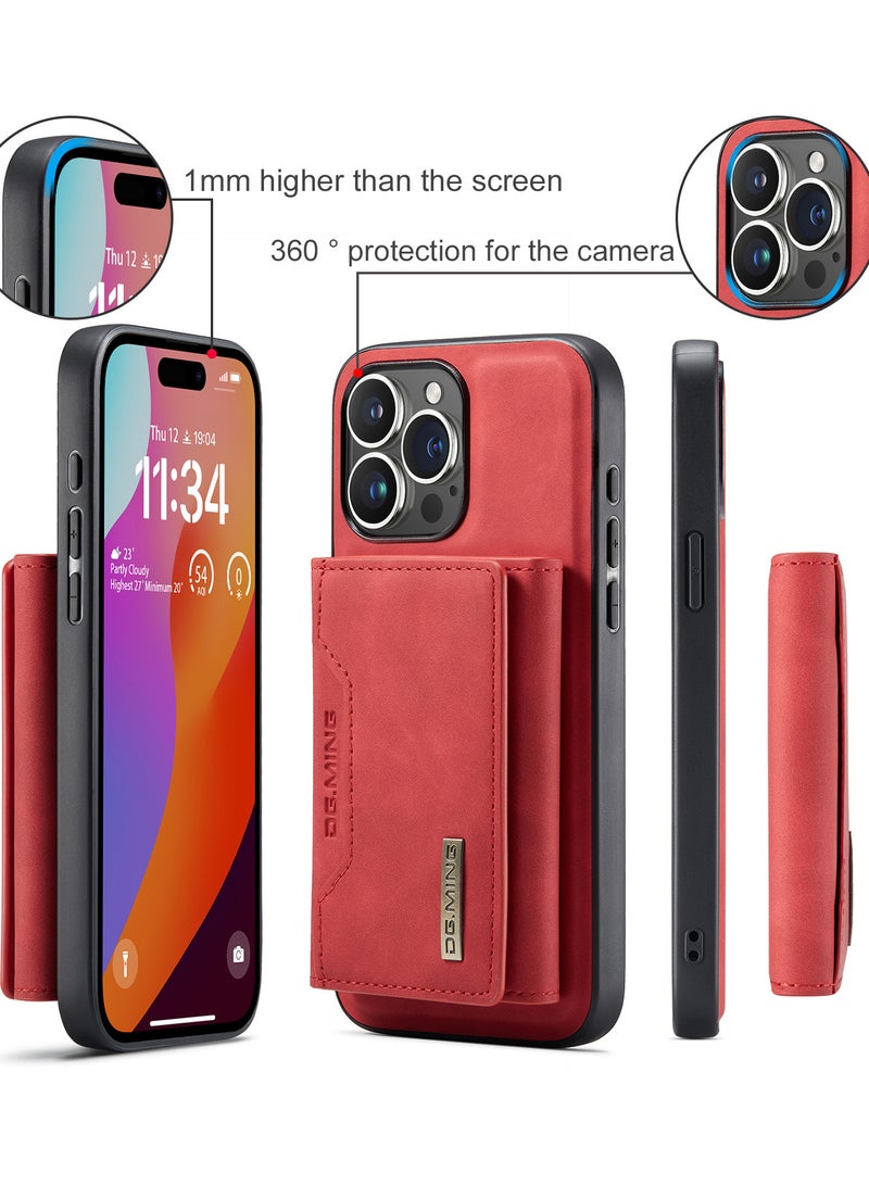 UNBLACK Wallet Case for Apple iPhone 15 Pro Max, DG.MING Premium Leather Phone Case Back Cover Magnetic Detachable with Trifold Wallet Card Holder Pocket (Red)  - Image 3