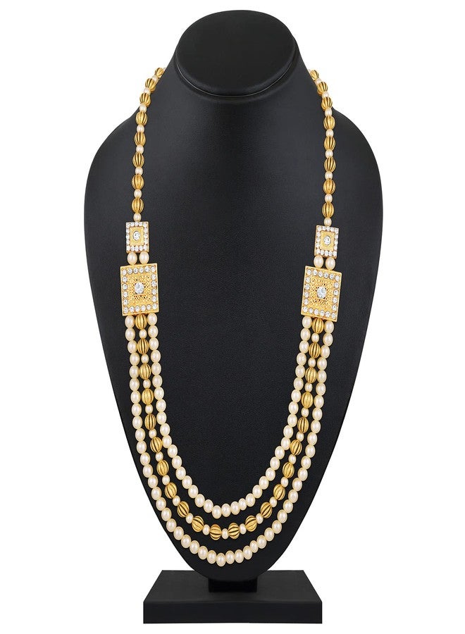 Mahi 3 Layers White and Golden Glass Beads Base Dulha Moti Mala Haar Necklace for Men's (ML1108099GWhi) - Image 3